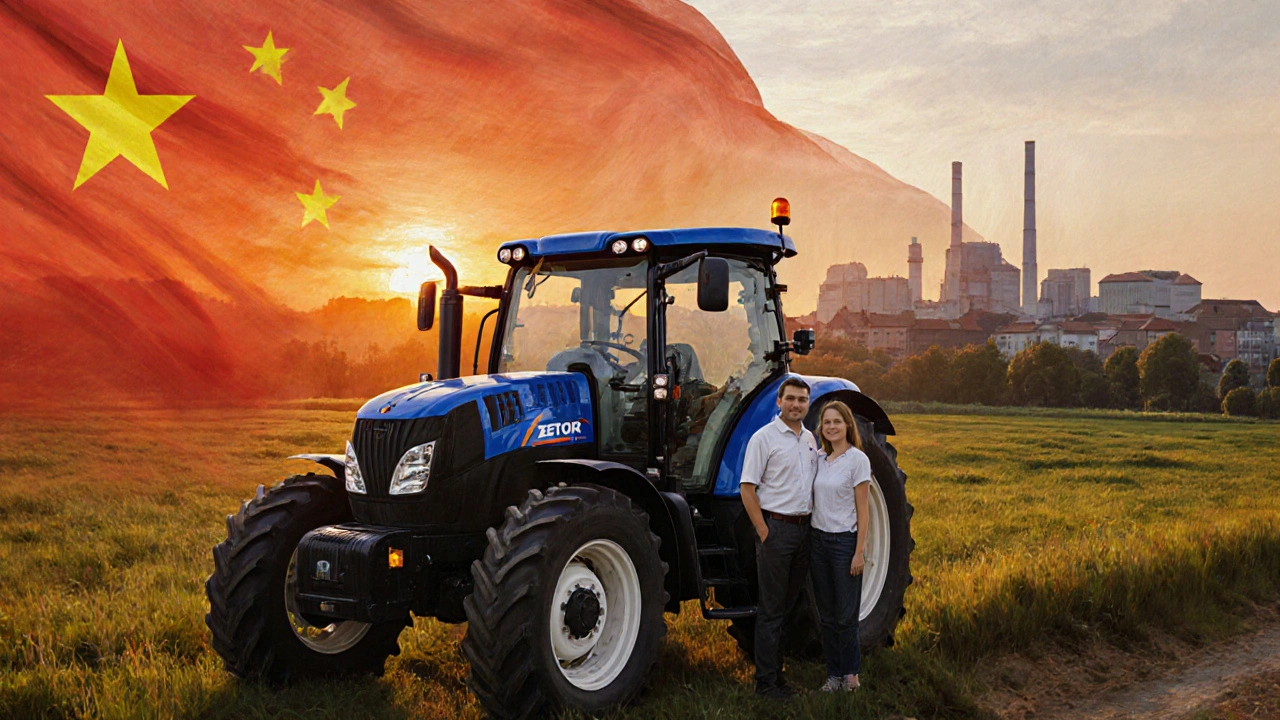 Česká rodina stojí před novým traktorem Zetor na poli při západu slunce.