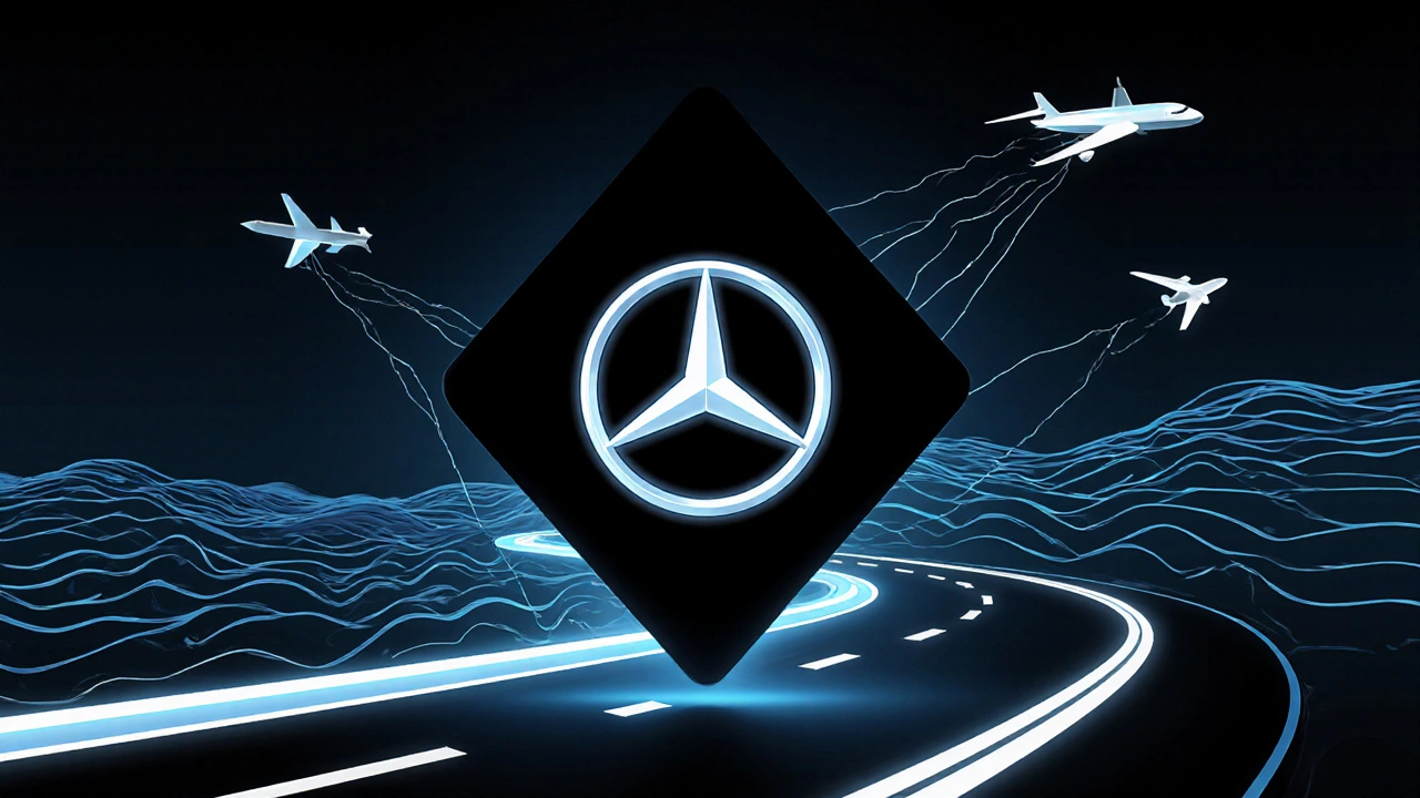 Modern Mercedes logo with three energy streams representing land, sea, and air.